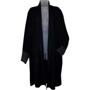 Sioni Black Open Front Long Knit Cardigan Embellished Cuffs Size XL